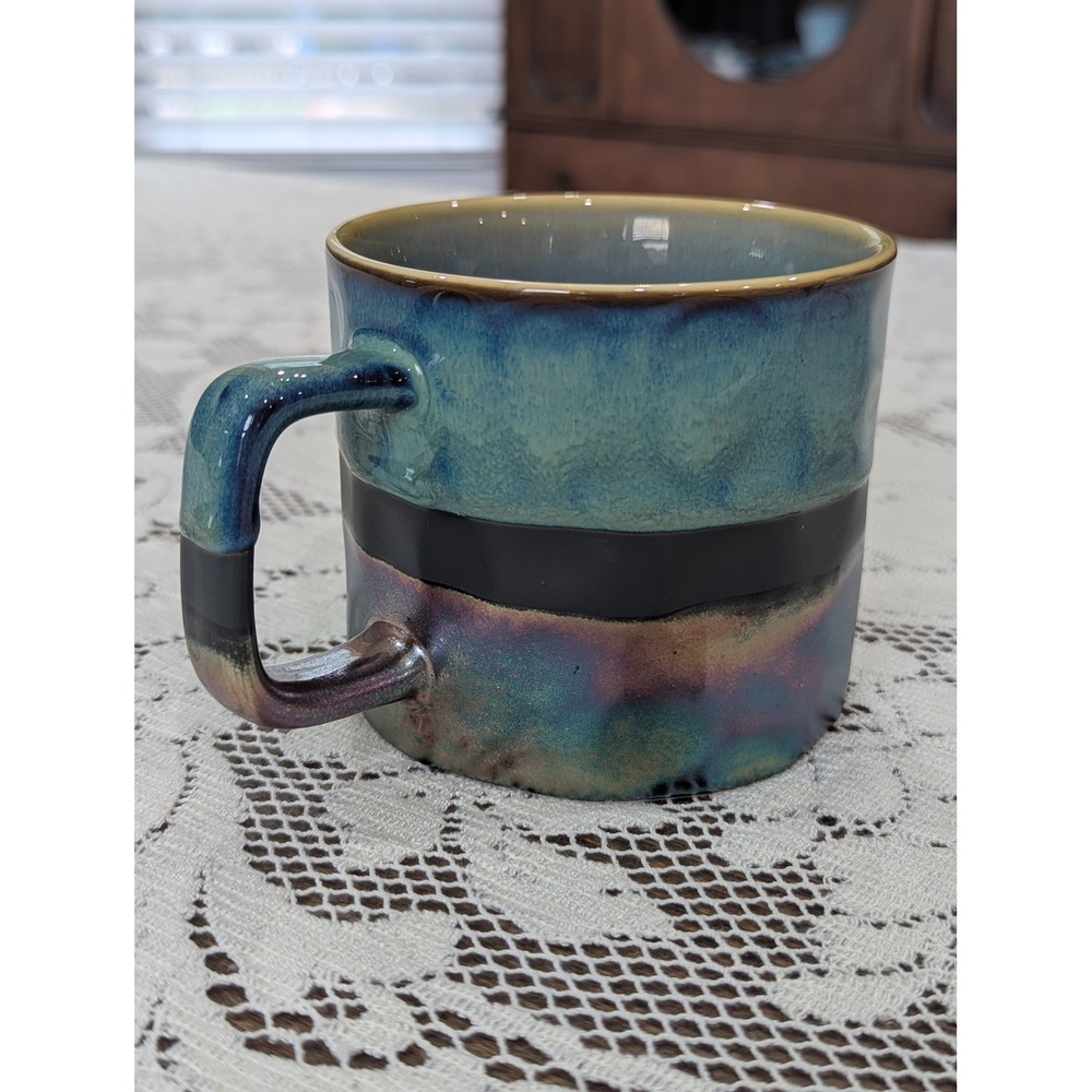 Vintage Coffee Mug Teal Blue Iridescent Studio Pottery Square Handle - Picture 8 of 14